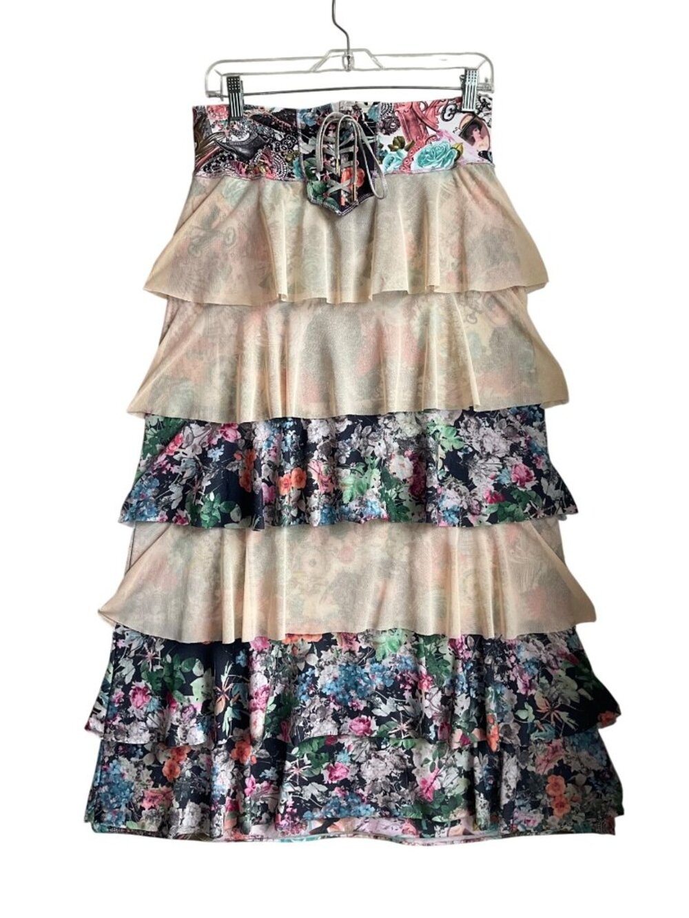 Agua Bendita 6 Tiered Floral Ruffle Maxi Skirt Lace waist Boho Whimsical - Picture 2 of 15